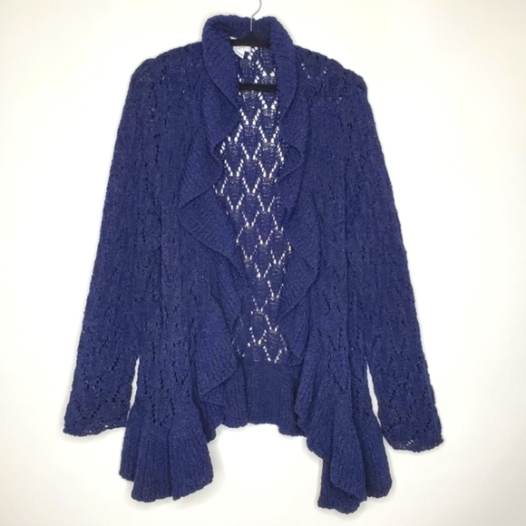 Plus Size 2X Long Sleeve Ruffle Trim Open Front Cardigan Navy Sweater Romantic - Picture 10 of 11